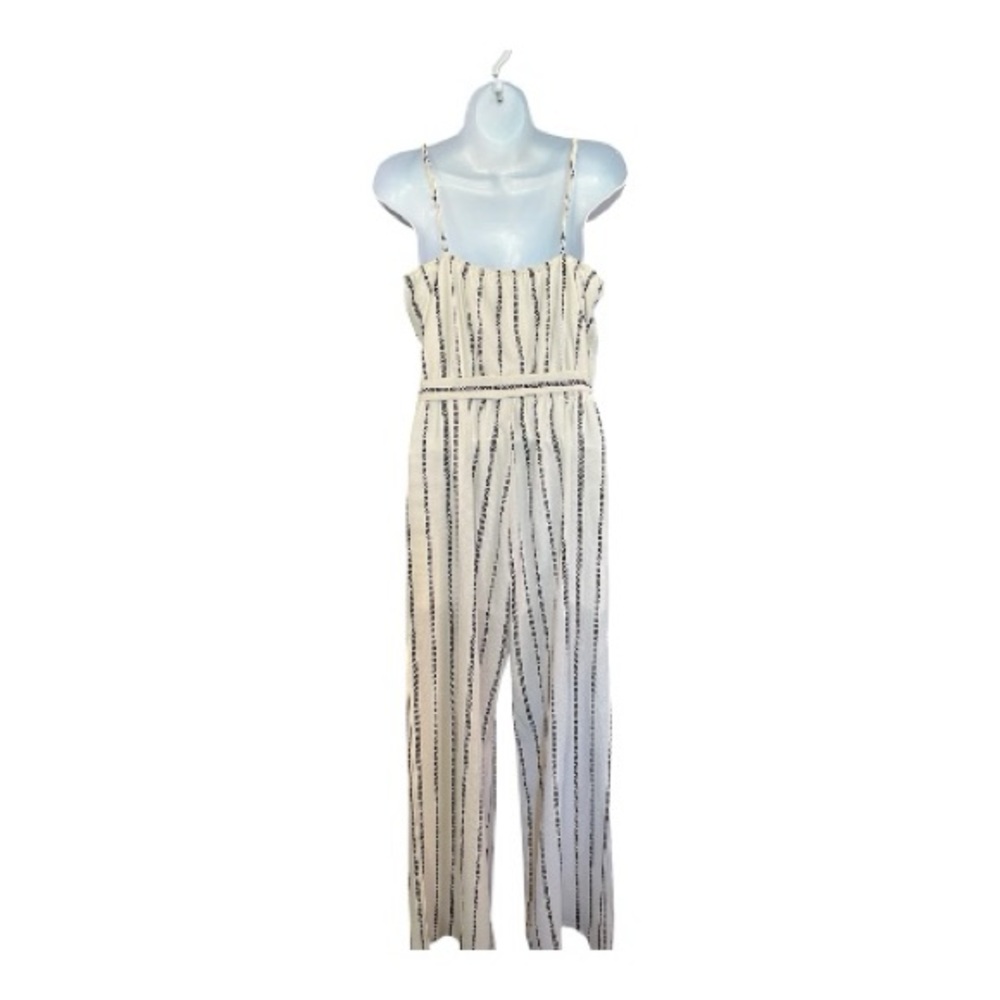 EUC One Clothing ivory & brown striped wide leg jumpsuit w/ belt | size large - Picture 7 of 12